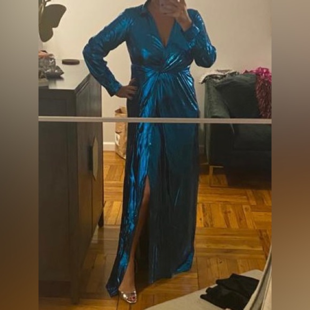 Metallic Blue Long Sleeve Twist-Waist Maxi Dress